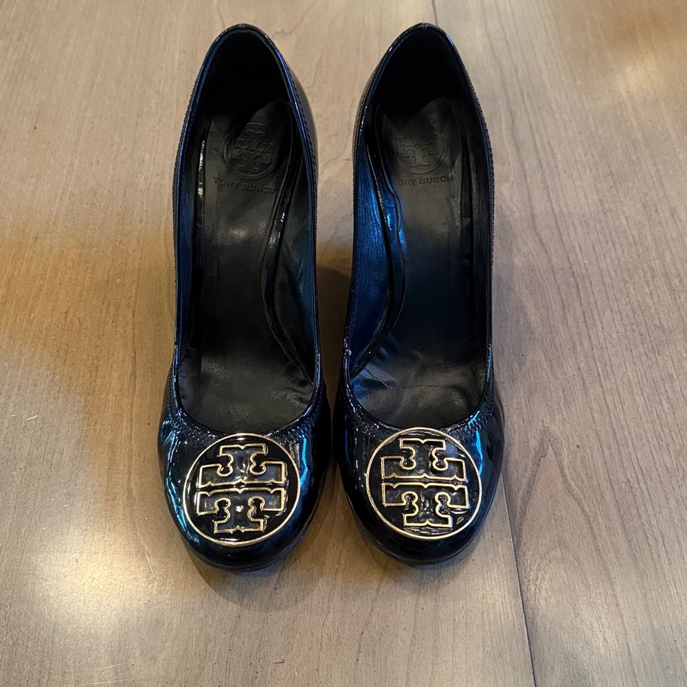 Tory Burch Patent Leather Black Wedge Gold Logo Medallion